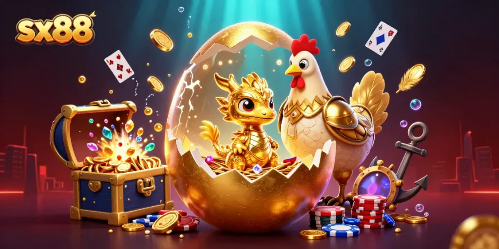 Experience the excitement of sx88 with a golden dragon and poker chips in this vibrant casino scene.