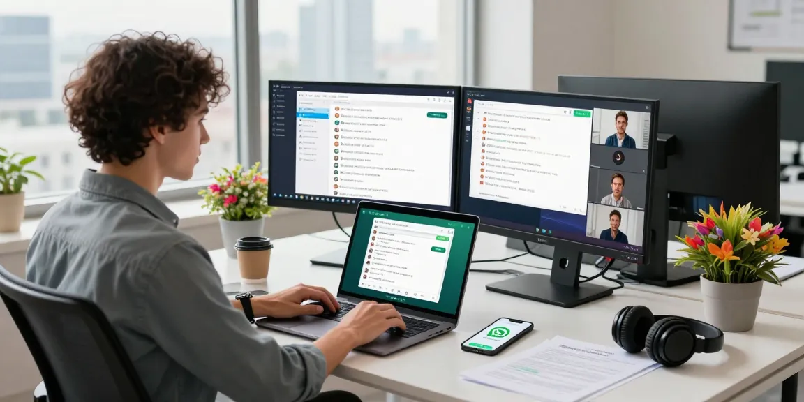 Modern workspace with WhatsApp電腦版 on laptop, showcasing productivity and connectivity.
