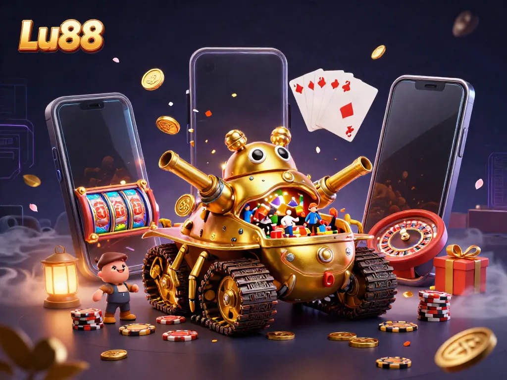Engage with Lu88's vibrant casino experience inside a golden beetle tank, complete with playful game elements.