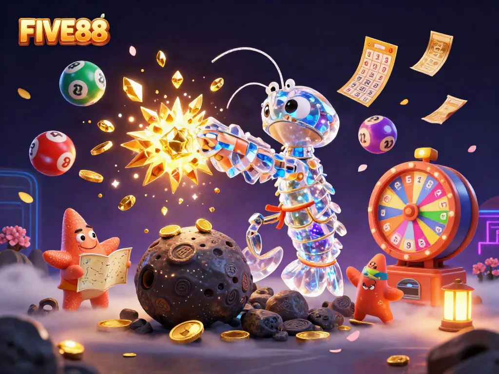 FIVE88 showcases an exciting casino scene with vibrant lottery elements and characters.