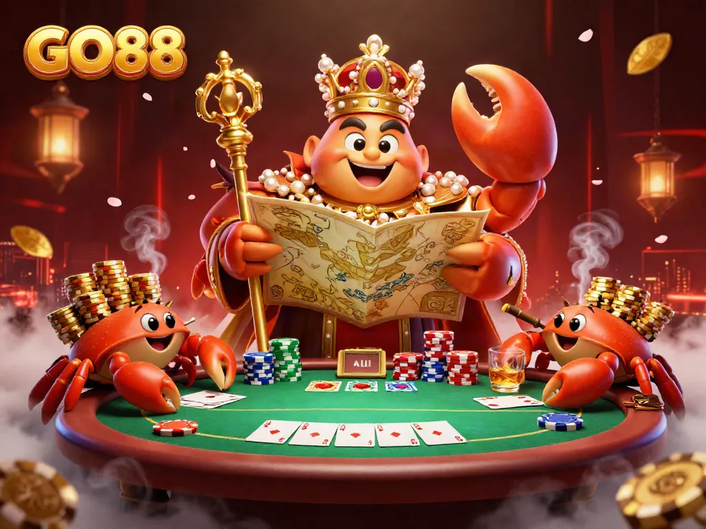 Engage with GO88's vibrant casino scene featuring a golden crab emperor amid poker chips and cards.