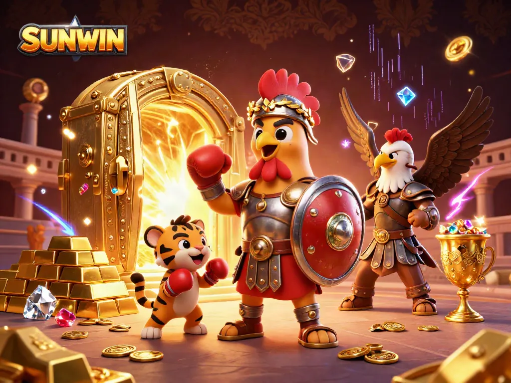SUNWIN showcases epic gambling adventures with a gladiator rooster and treasures in a vibrant casino scene.