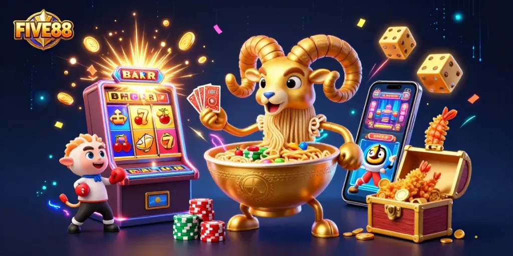 Experience the excitement at FIVE88 with a vibrant casino scene featuring unique characters and thrilling gaming elements.