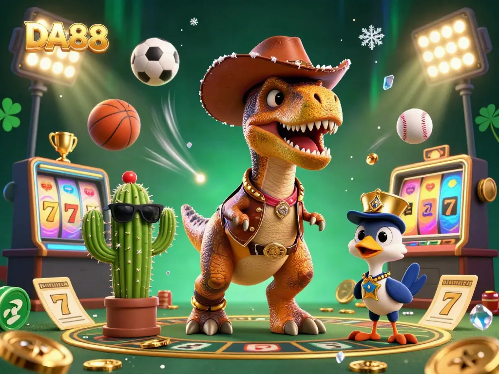 Experience the thrilling gambling action at DA88 with a vibrant 3D illustration featuring a T-Rex cowboy and friends.