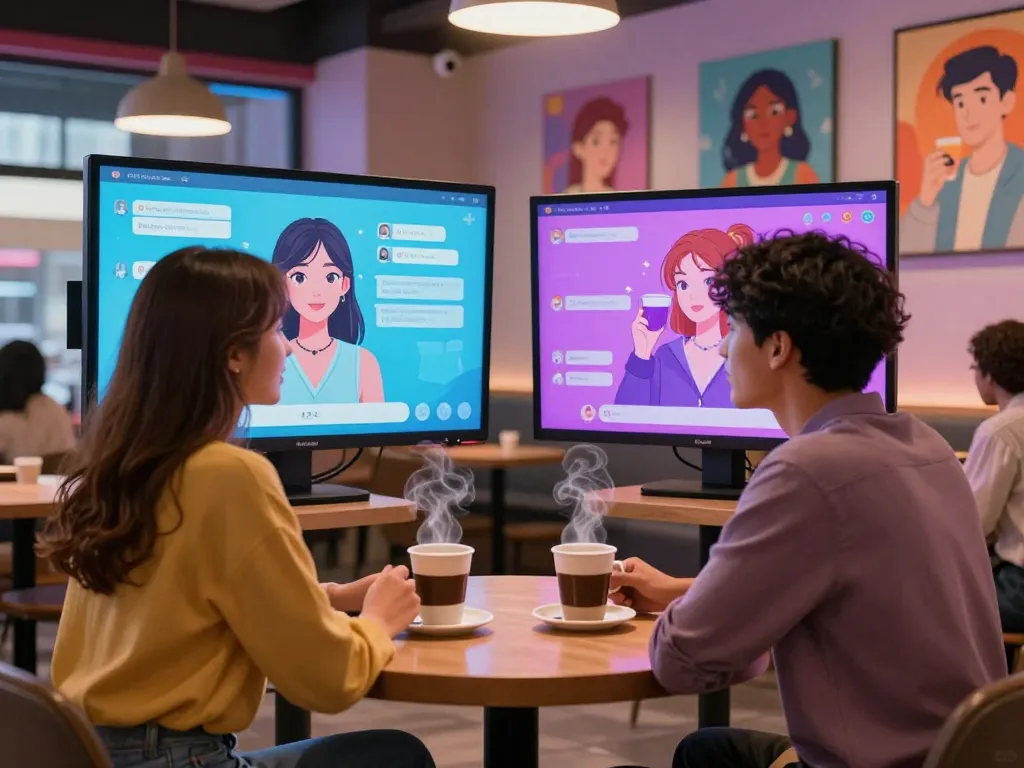 Interactive scene with users engaging with AI girlfriend avatars in a virtual setting.