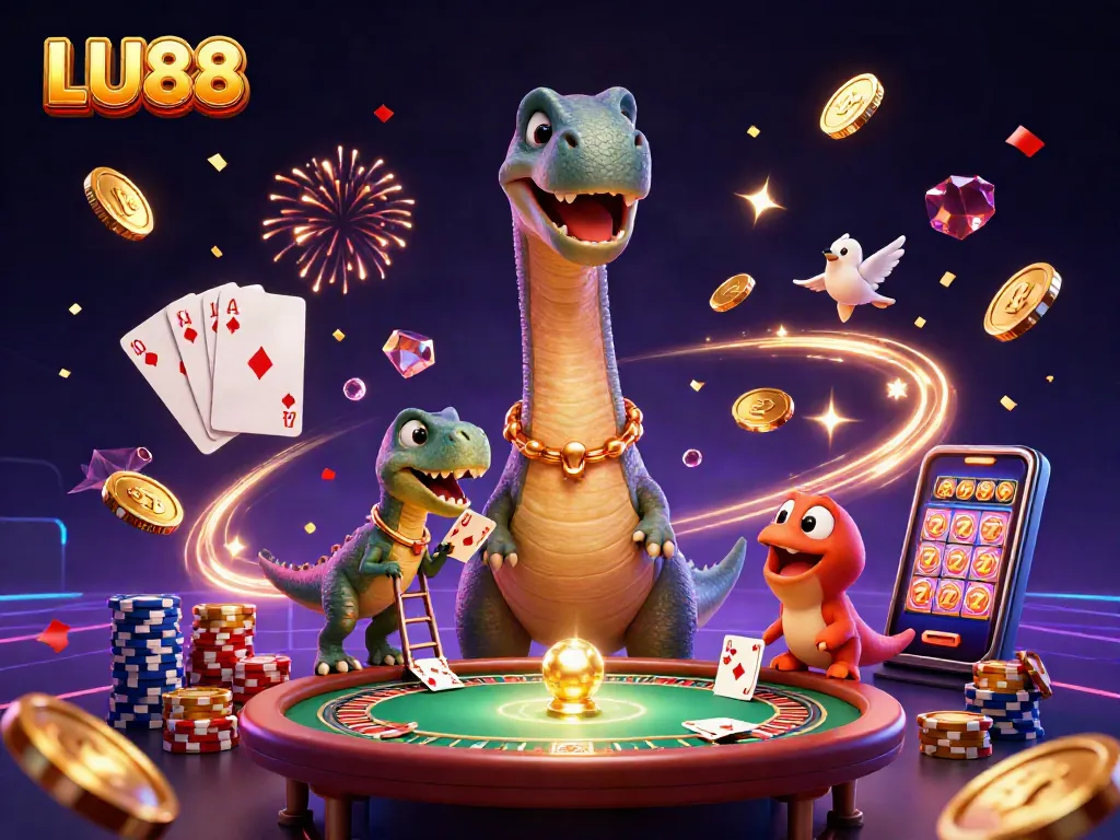 LU88 features a vibrant 3D casino scene with a towering brontosaurus and clever raptor dealing cards.