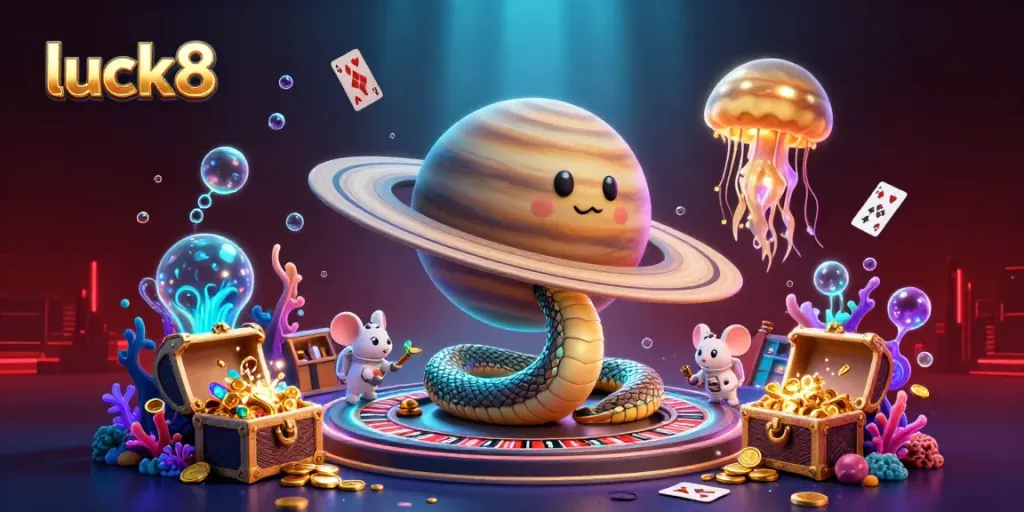 Experience luck8 gaming with astronaut mice betting on a cosmic roulette wheel in a vibrant underwater scene