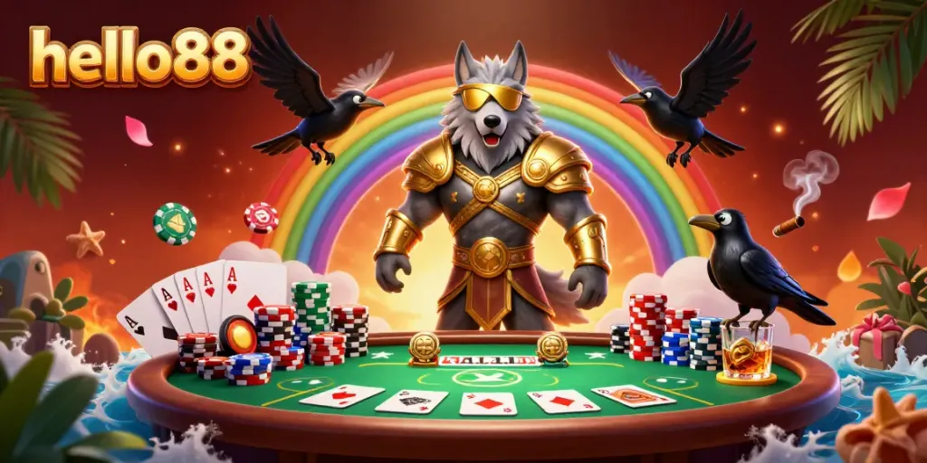 Experience excitement with hello88, featuring Odin and ravens on a sunny casino chip bridge.