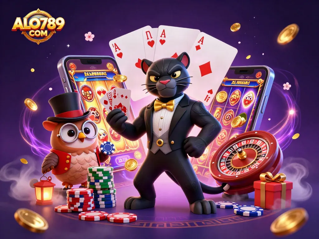 Engage with ALO789 COM's immersive gaming experience featuring a panther dealer, owl, and lucky mouse.