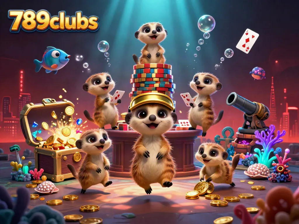Experience exciting gameplay at 789clubs as meerkats deal cards and sneak chips in a vibrant underwater casino scene.