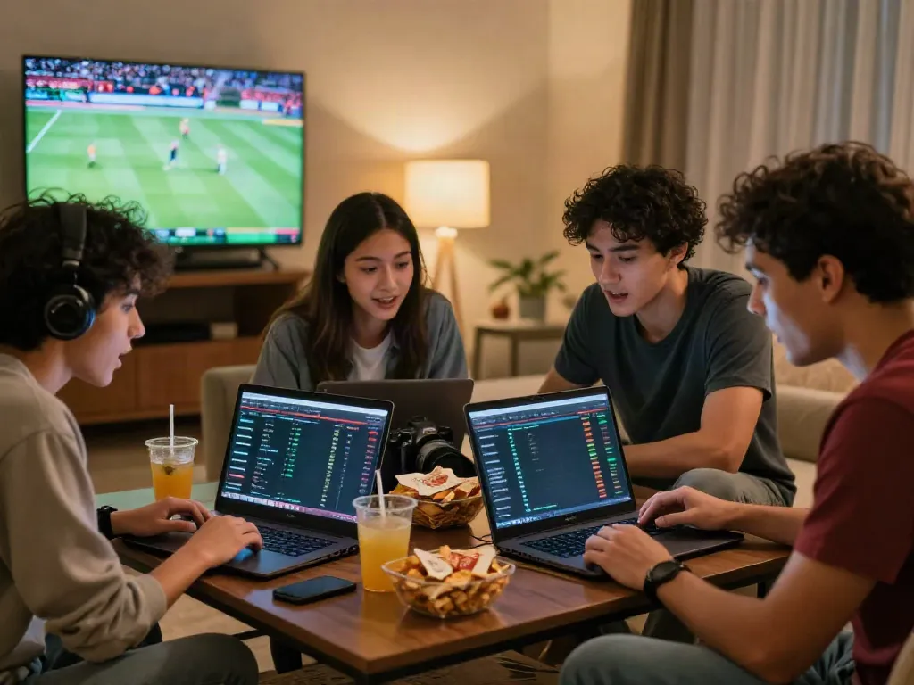 Group of friends excitedly betting online at TX88 with live sports on TV.
