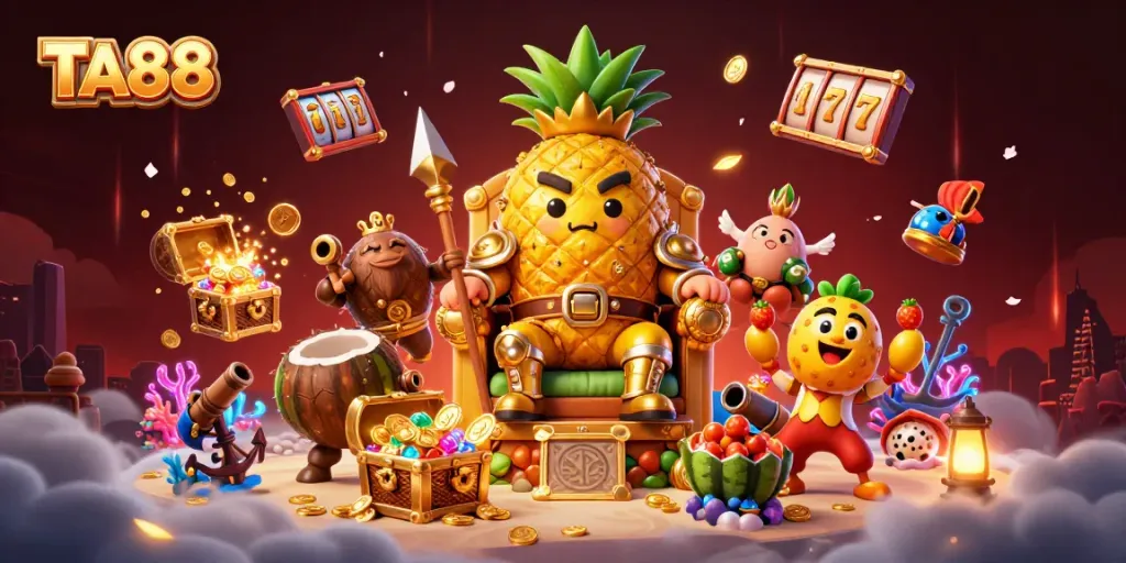 Engage with TA88's vibrant casino world featuring thrilling slot elements and a golden pineapple king.