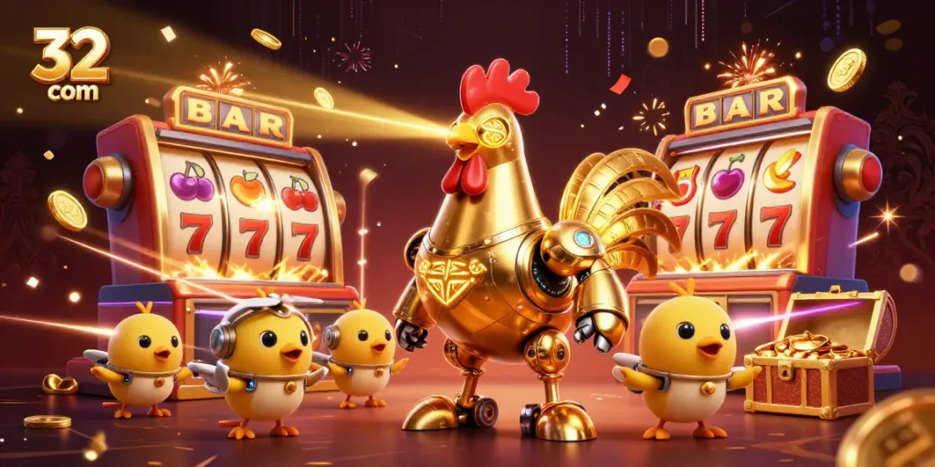 Experience the excitement of 32win com with a vibrant scene of a golden rooster robot leading a jackpot explosion of slots and treasures.
