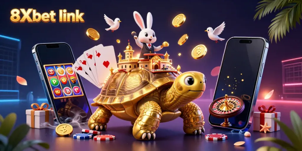 Engage with the exciting 8Xbet link featuring golden tortoise and vibrant casino elements.