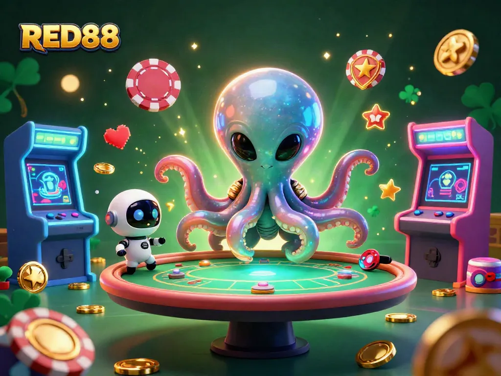 Experience thrilling action with RED88 at a floating poker table surrounded by alien characters