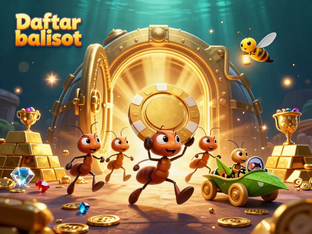 Engaging 3D illustration of Daftar balisot featuring a team of ants heisting a giant poker chip amidst treasure.
