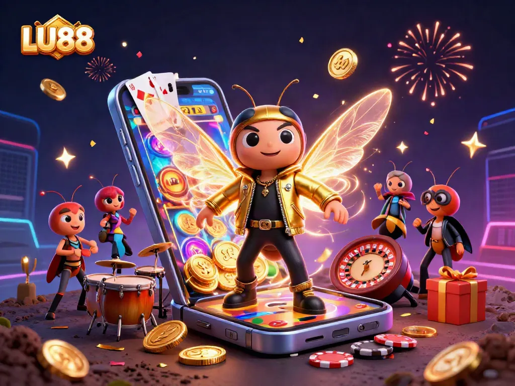 Experience thrilling gambling action with LU88's vibrant 3D casino scene featuring slots and festive energy.