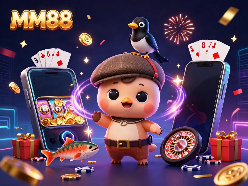 This engaging MM88-themed illustration features a playful Nessie, its magpie friend, and salmon amidst casino elements.