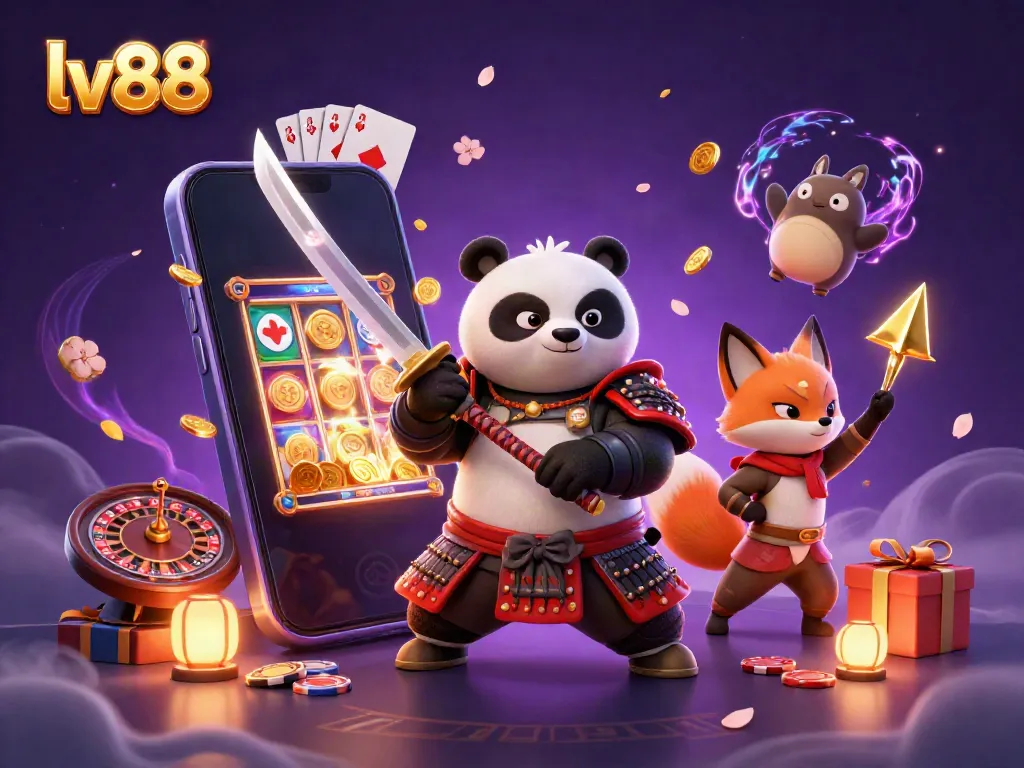 Experience the thrill of lv88 with samurai panda, ninja fox, and magical tanuki in a colorful casino illustration.