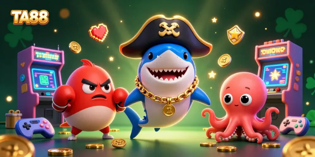 TA88 features a cartoon pirate shark and friends celebrating a jackpot win in a vibrant casino scene.