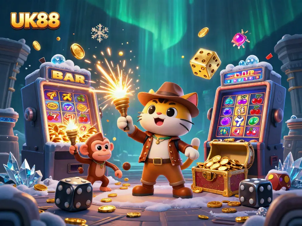 Experience the thrill of winning at UK88 with an adventurous cat explorer and a treasure-filled temple scene.