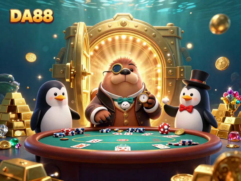 Engage in poker excitement with DA88 featuring a walrus, penguin dealer, and a bluffing pufferfish.
