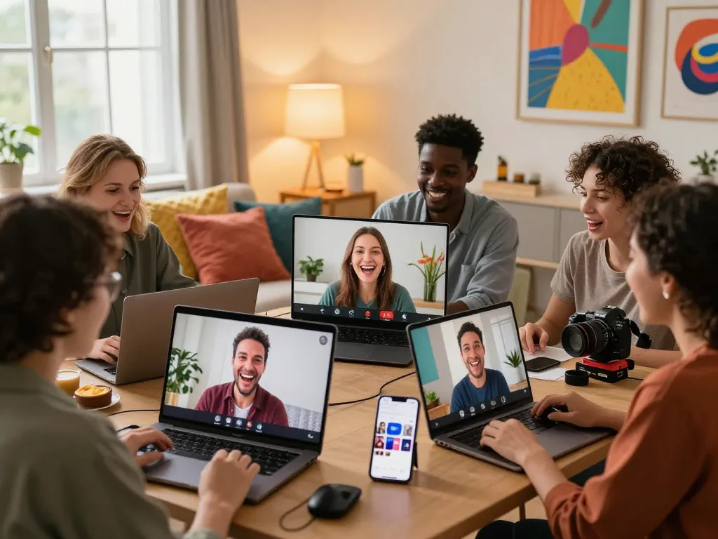 Adults engaging in lively sexchat in a cozy online environment with technology around