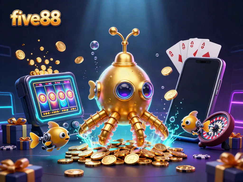 Experience five88 with vibrant casino elements and a dynamic underwater theme featuring a golden kraken submarine.