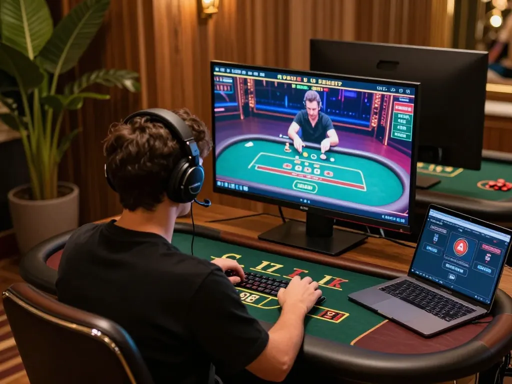 Player enjoying sc88 live dealer blackjack on a sleek home setup, showcasing a luxurious gaming scene.