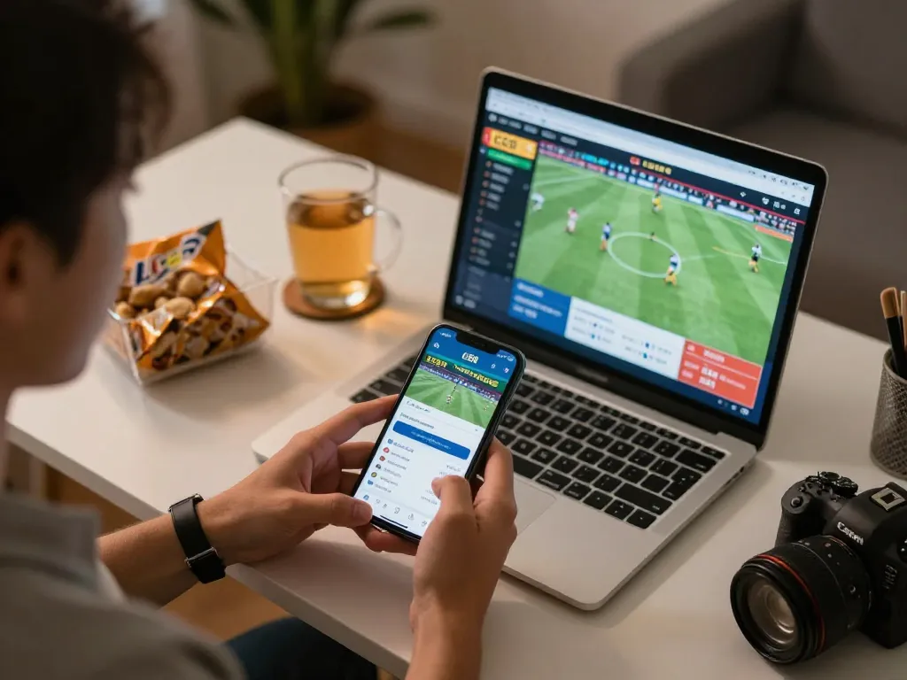 Placing bets on LC88 sports betting app during an intense home gaming session.