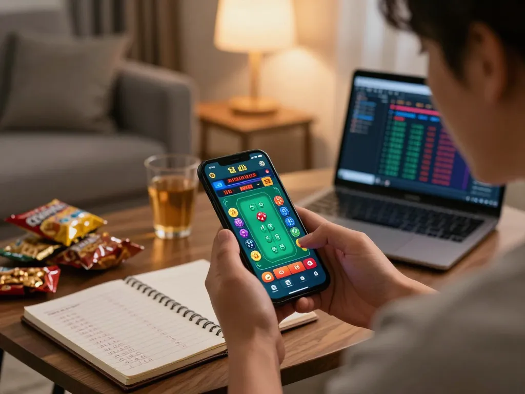 Tai xỉu md5 game being played on a smartphone while analyzing strategies in a cozy living room.