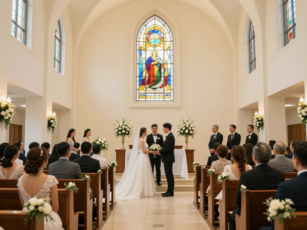 Rokok88 showcases a gorgeous religious wedding venue where couples exchange vows in a beautifully decorated chapel