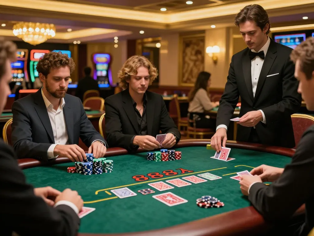 Players strategizing at a blackjack table in 888slot casino, showcasing high-stakes action in an upscale setting.