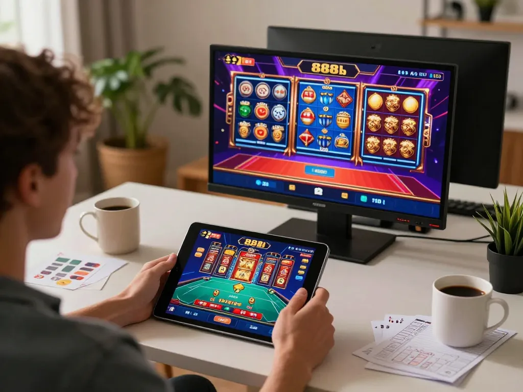 Engaging in 888b online gaming, a player analyzes strategy from tablet screen in cozy home setup.