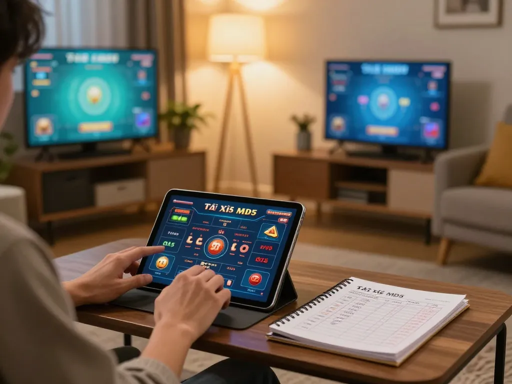 Player engages in Tài Xỉu MD5 mobile gaming, tablet showcasing game interface and strategic notes.