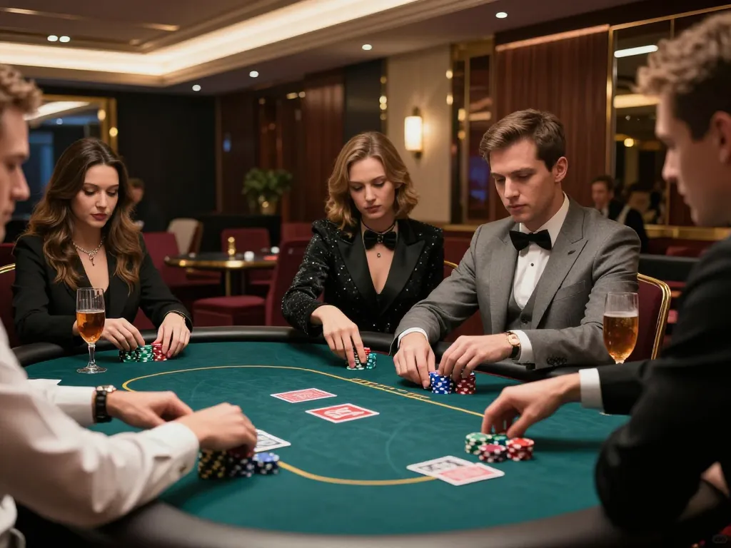 N188 players strategizing in a high-stakes poker game in an upscale casino setting.