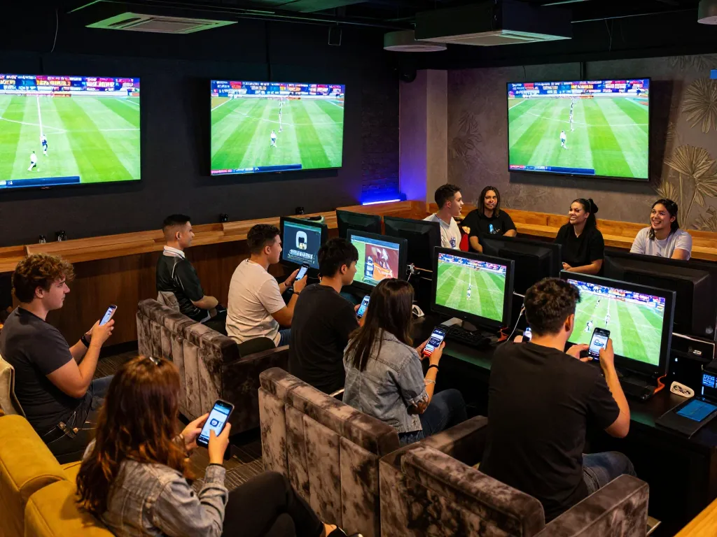 1gom users engaged in live sports betting at a vibrant lounge, showcasing excitement and action