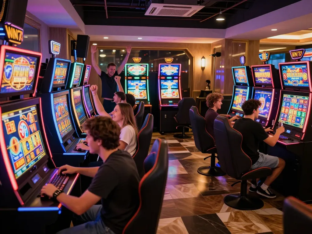 Excited players experiencing thrilling action at win678 slot machines, celebrating a jackpot win.