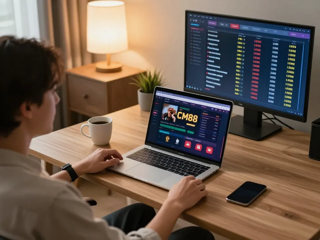 Engaging in online betting at CM88 with a modern setup, highlighting strategic gameplay and inputting bets.