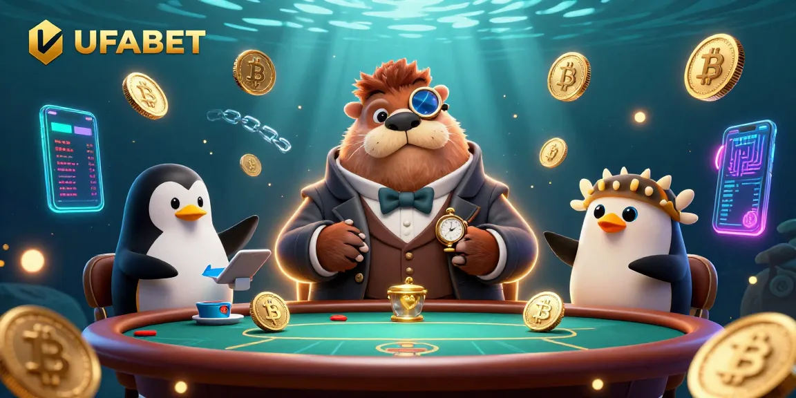 Play poker with the walrus at UFABET's underwater casino, featuring vibrant animated elements.