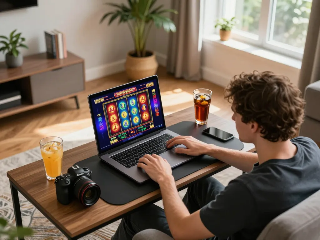 Player enjoying engaging slot games on Jun88 platform in a cozy home setting