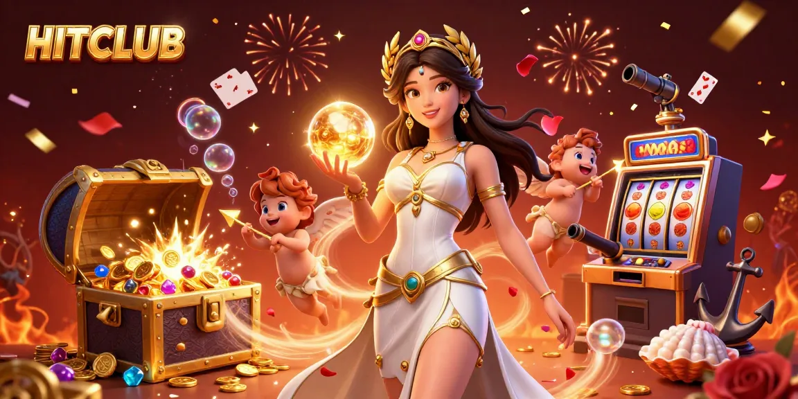 Hitclub's glamorous illustration showcases an enchanting Greek goddess amid gold coins and vibrant slot machines.