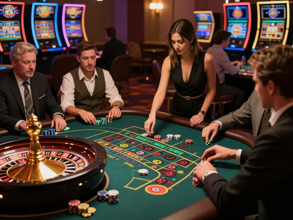 Engaged players at a roulette table in tg88 casino, focusing on strategically placing bets amidst vibrant decor.