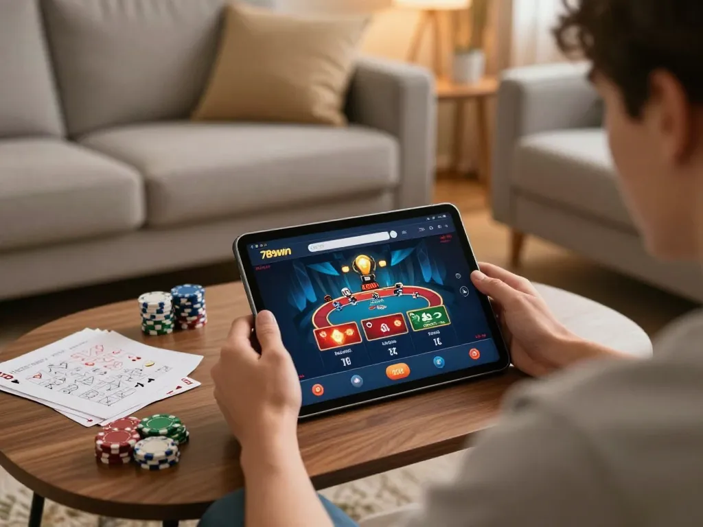Player engaging with 789win online casino on tablet, showcasing poker gameplay.