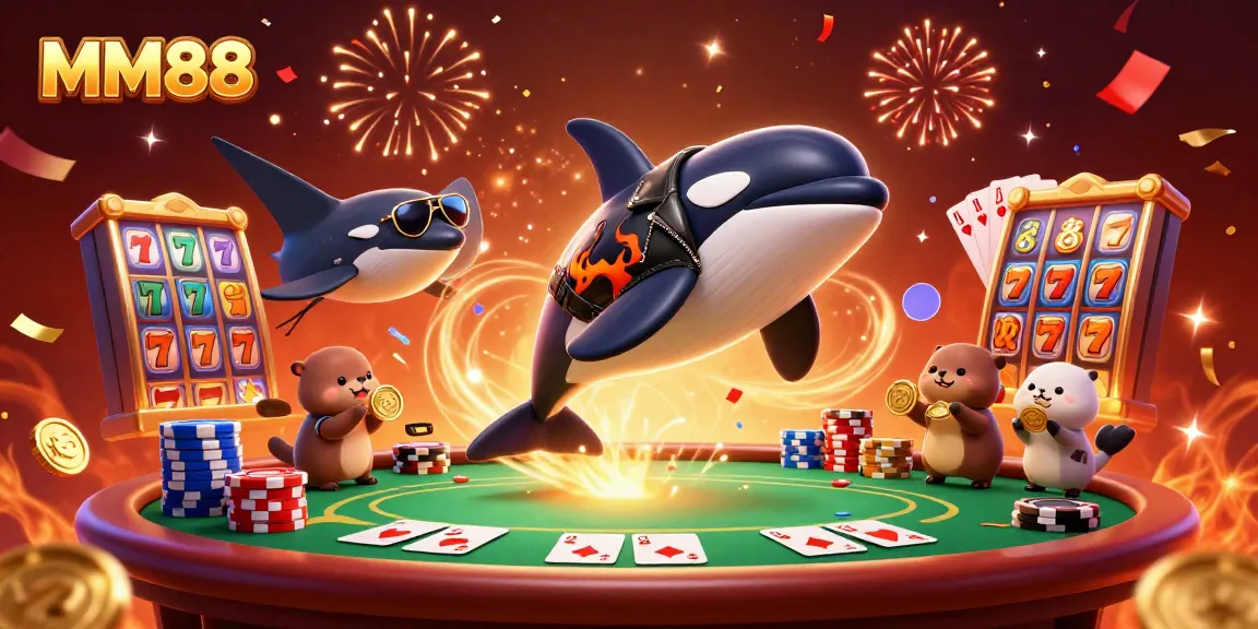 Experience thrilling gaming action with MM88 featuring an orca whale, a stingray, and sea otters celebrating at vibrant casino tables with jackpots.