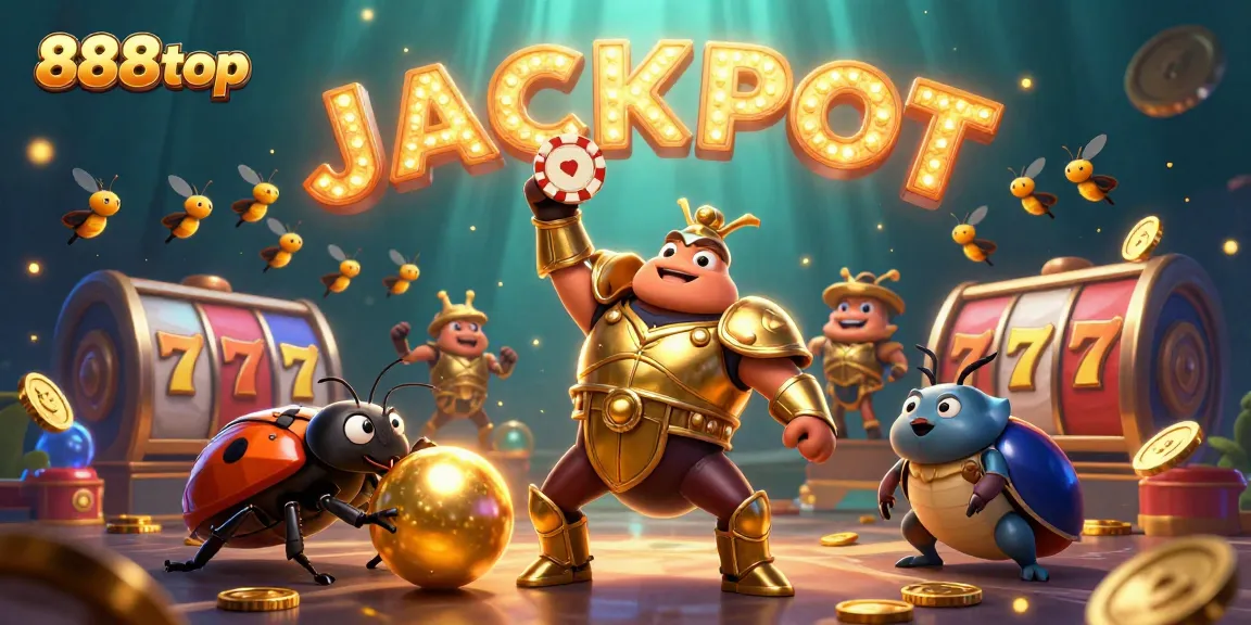 888top joyfully celebrating a jackpot win with vibrant slot reels and golden coins surrounding them
