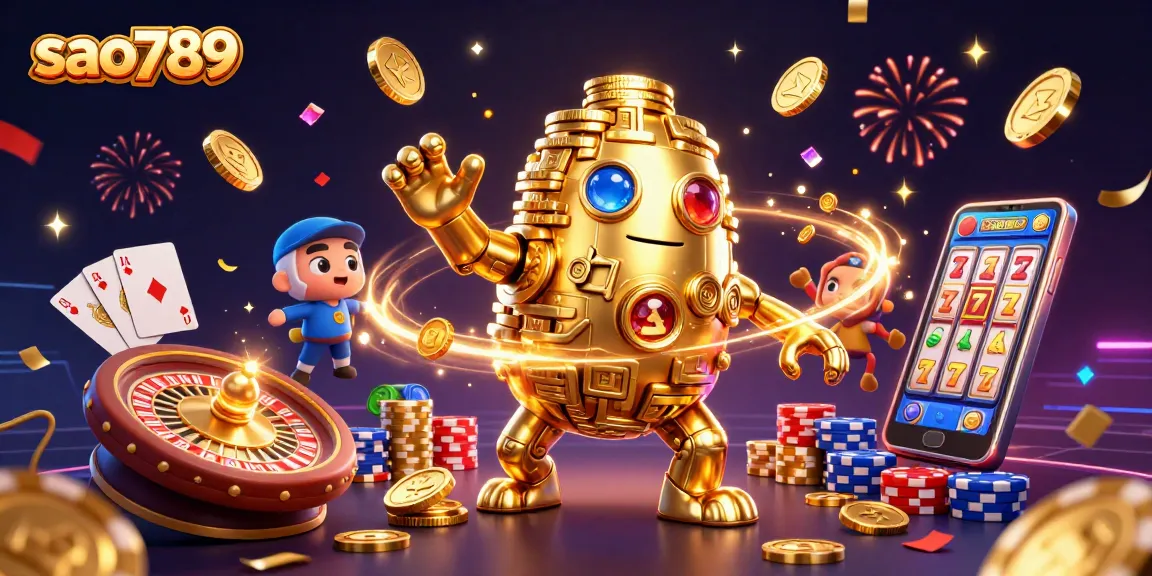 Sao789 captivates players with a 3D illustration of a golden golem surrounded by dynamic casino elements.