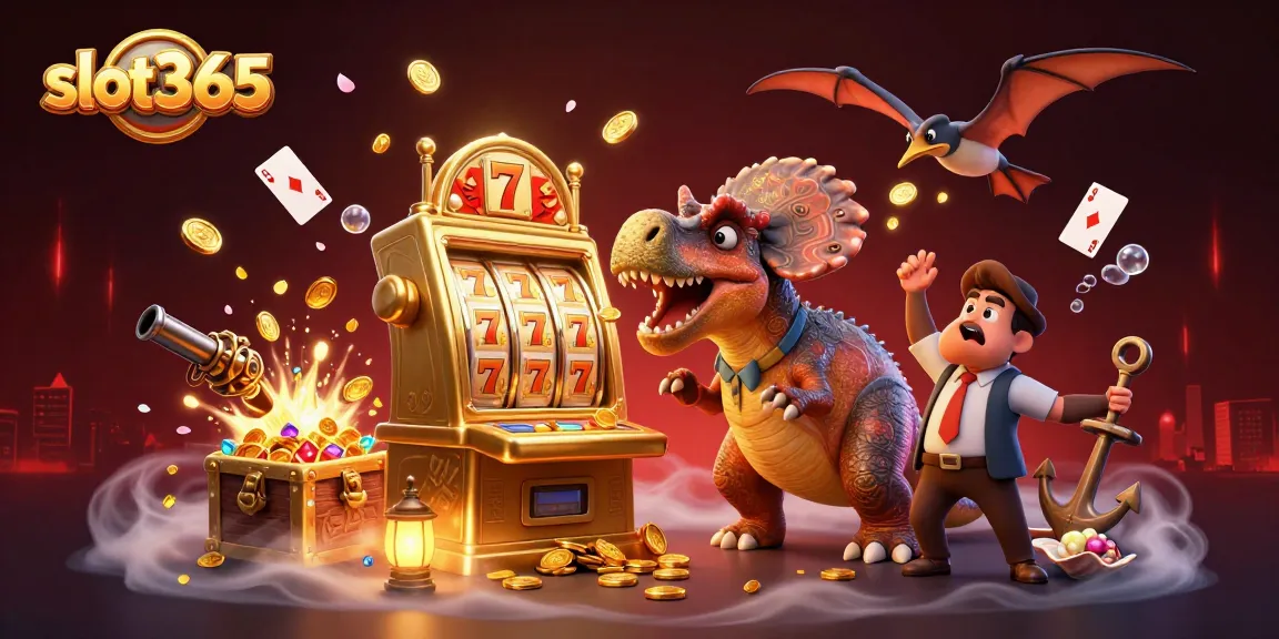 slot365 casino scene with animated dinosaurs, golden jackpot coins, and vivid game elements