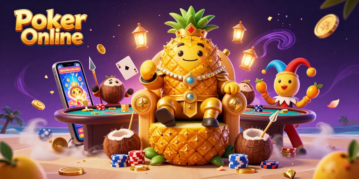 Engage in Poker Online with a dynamic casino scene featuring a golden pineapple king, colorful poker elements, and vibrant animations.