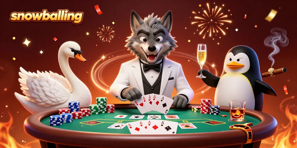 Snowballing in a dazzling casino scene with a debonair wolf and elegant characters throwing lavish cards.